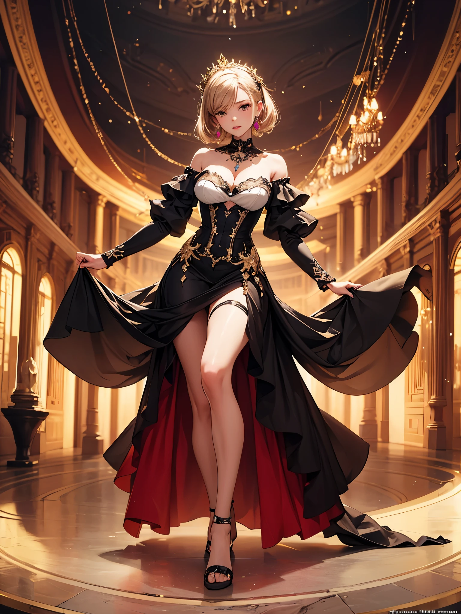 ((highest quality)),(ultra high resolution),(Super detailed),(detailed description),((best CG)),(best work of art),super precision art,great drawing art,(Art with precise details:1.5), (1 woman:1.5),colorful corset dress:1.6,beautiful and well-shaped face:1.5,natural makeup:1.5,detailed jewelry:1.4,thin waist:1.3,Beautiful leg lines:1.4,high heels:1.4,