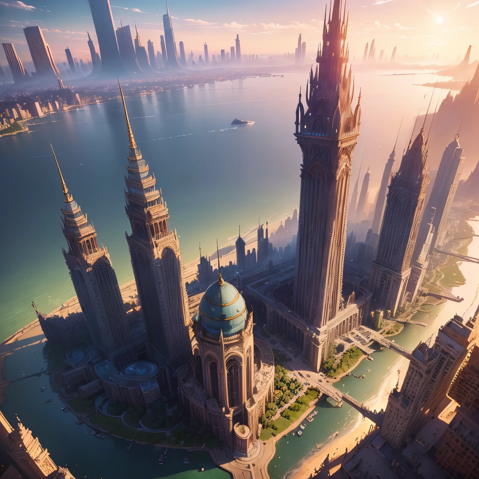 ((masterpiece, highest quality, hires, amazing detail, ultra detailed 1.1)), illustration, trending on artstation, panorama of fantasy city, dense megalopolis, incredibly tall spires, unique buildings, concept art, studio ghibli, lens flare, beautifully rendered, sunset skyline