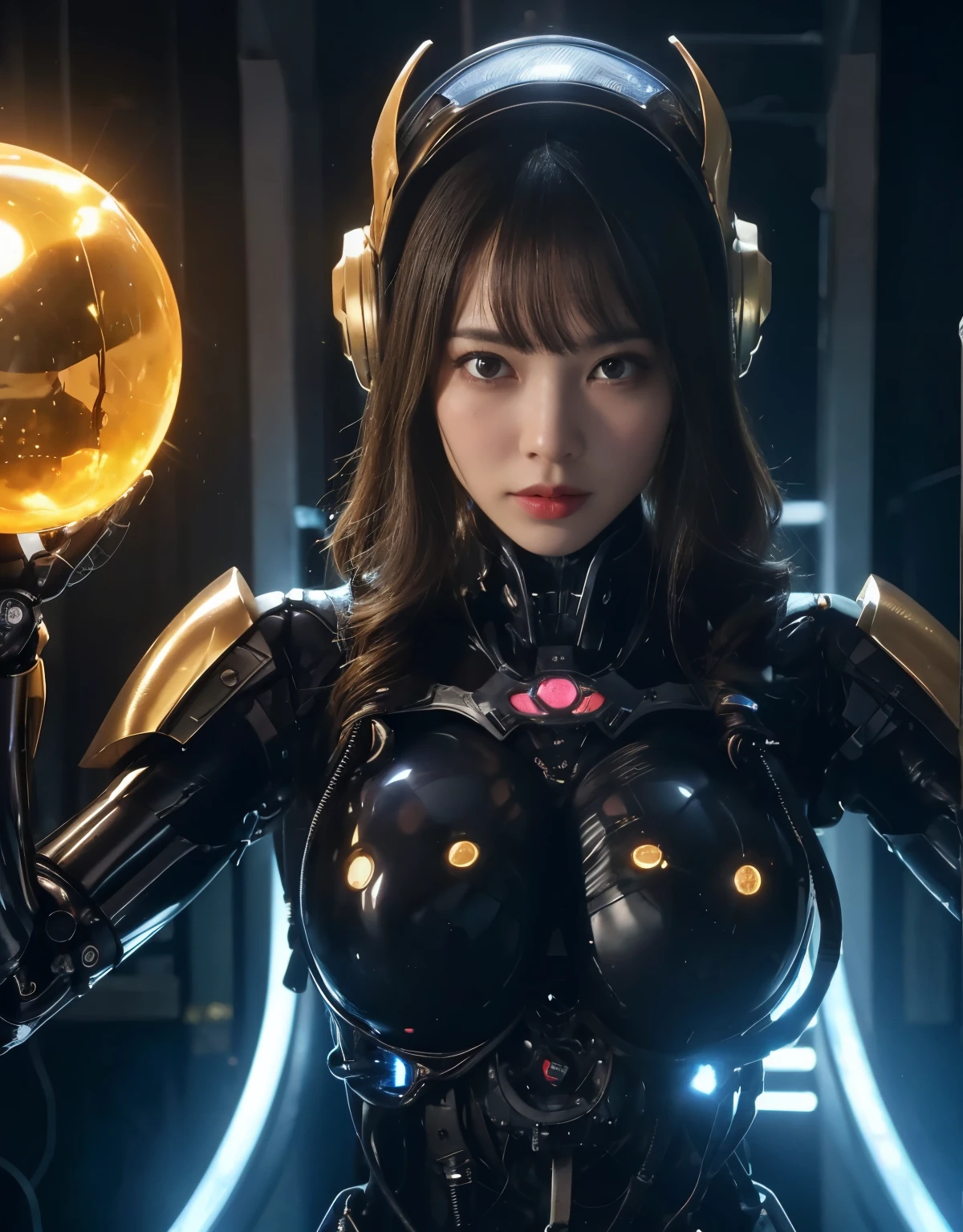 (Background of skimpy mechanical girl and octopus alien)、(Mystical expression)、highest quality、masterpiece、Super high resolution、(Photoreal:1.4)、RAW photo、1 girl、glowing skin、detailed face、(((1 Mechanical Girl)))、Heavy chest、(gold metal bodysuit)、(Natural alien background to fight aliens)、(Small LED)、((Super realistic details))、vertical giant monster background),global illumination、Shadow、octane rendering、24K、super sharp、robotの背景、big breasts、Raw skin exposed in the cleavage、intricate decorative details、Japan details、very intricate details、realistic light、(Mystical expression),CG Society Trenlow Eyes、Eyes shining towards the camera、Mechanical marginal blood vessels connected to neon detail tubes)、(Wires and cables connecting to the head)、Small LED、,mechanical thighs、two stock、(Hands are also made of machines)、robot、future alien、Please wear a mechanical helmet、transparent face guard on helmet、