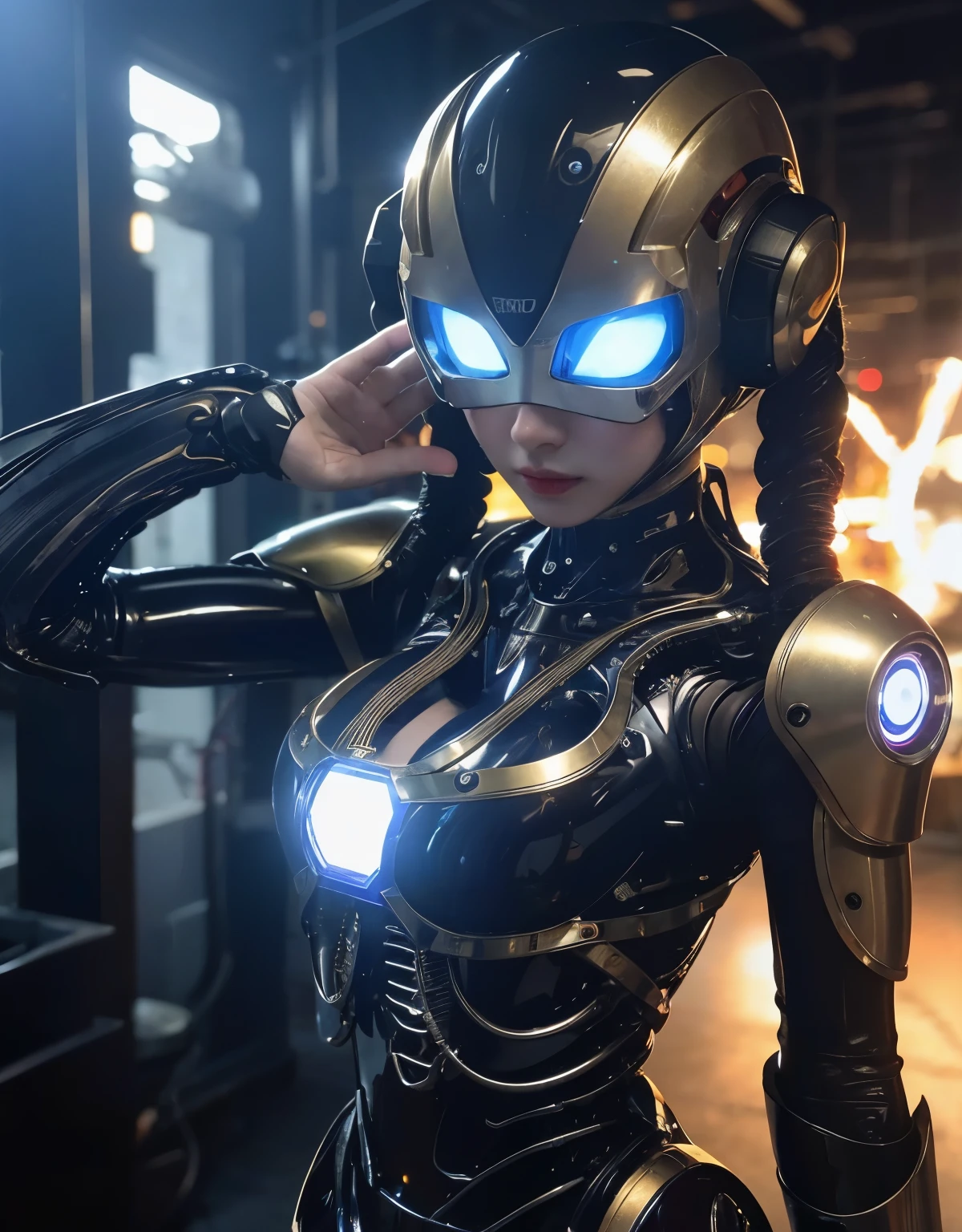 (Background of skimpy mechanical girl and octopus alien)、（Mystical expression）、highest quality、masterpiece、Super high resolution、(Photoreal:1.4)、RAW photo、1 girl、glowing skin、detailed face、(((1 Mechanical Girl)))、Heavy chest、（gold metal bodysuit）、(Natural alien background to fight aliens)、(Small LED)、((Super realistic details))、vertical giant monster background),global illumination、Shadow、octane rendering、24K、super sharp、robotの背景、big breasts、Raw skin exposed in the cleavage、intricate decorative details、Japan details、very intricate details、realistic light、(Mystical expression),CG Society Trenlow Eyes、Eyes shining towards the camera、Mechanical marginal blood vessels connected to neon detail tubes)、(Wires and cables connecting to the head)、Small LED、,mechanical thighs、two stock、（Hands are also made of machines）、robot、future alien、Please wear a mechanical helmet、transparent face guard on helmet、