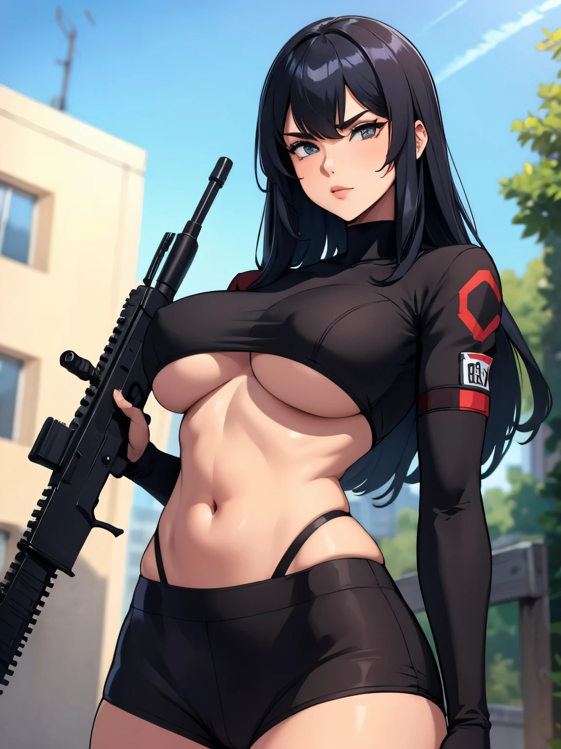 dark tall heavy breasted womanholding an M416 RIFLE