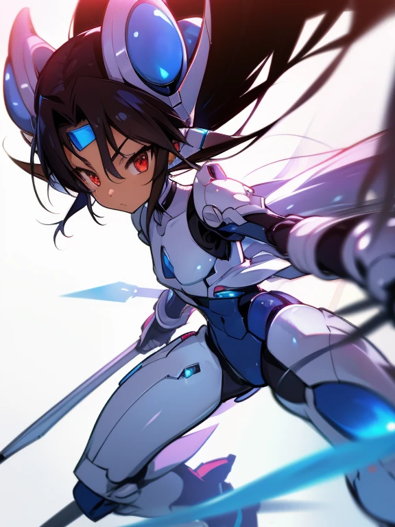 Masterpiece, best quality, highres, amazing quality, tenchi muyo, flat chested, (male), (8 year old boy), (shota), (Dark skin), cute, red eyes, very long dark brown hair, blue gem on forehead, white mecha musume armour, white exosuit armour, black powersuit, white mecha armour legging, badass, cool, shounen, close up