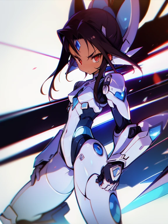 Masterpiece, best quality, highres, amazing quality, tenchi muyo, flat chested, (male), (8 year old boy), (shota), (Dark skin), cute, red eyes, very long dark brown hair, blue gem on forehead, white mecha musume armour, white exosuit armour, black powersuit, white mecha armour legging, badass, cool, shounen, close up