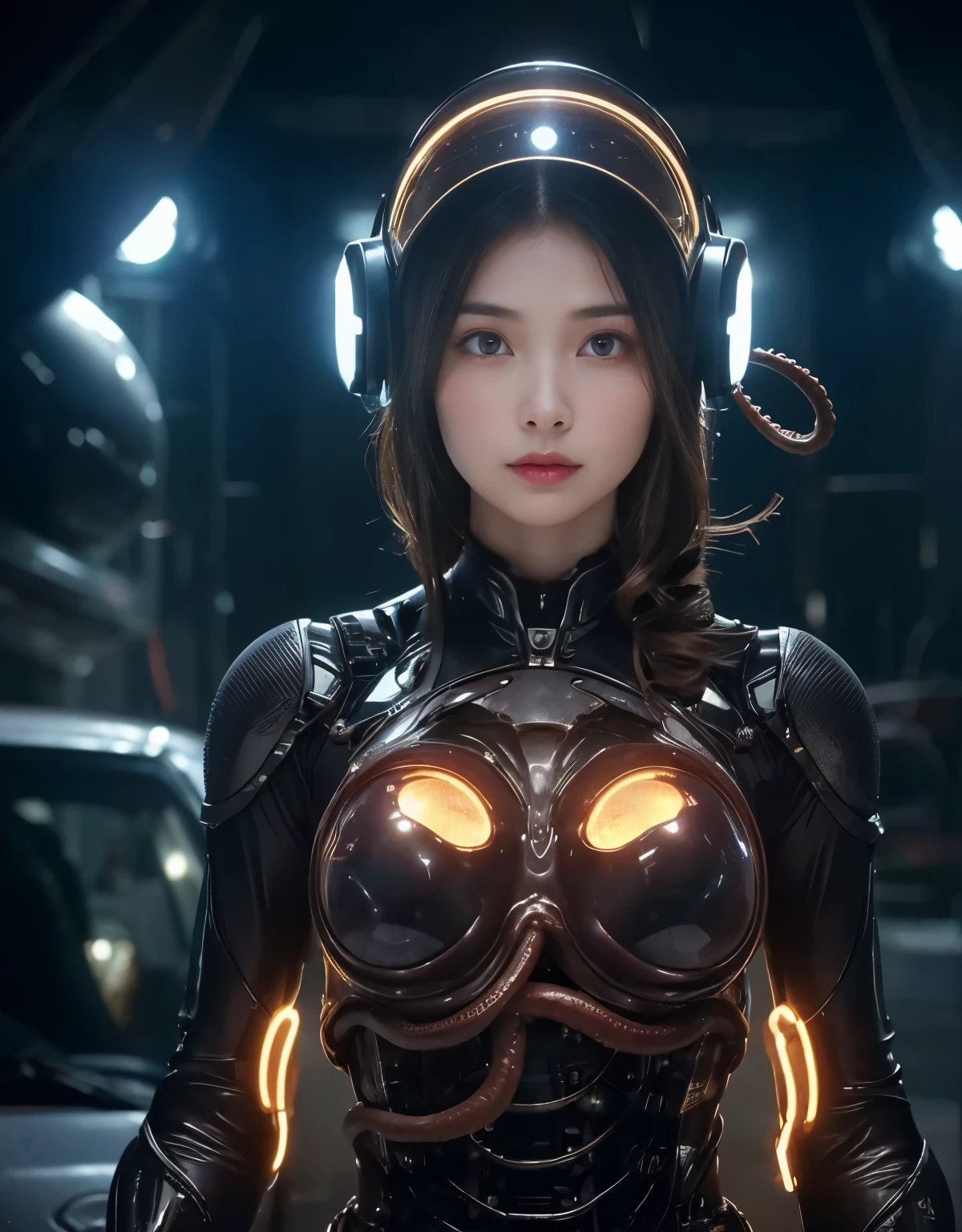 (Background of skimpy mechanical girl and octopus alien)、(Mystical expression)、highest quality、masterpiece、Super high resolution、(Photoreal:1.4)、RAW photo、1 girl、glowing skin、detailed face、(((1 Mechanical Girl)))、Heavy chest、(gold metal bodysuit)、(Natural alien background to fight aliens)、(Small LED)、((Super realistic details))、vertical giant monster background),global illumination、Shadow、octane rendering、24K、super sharp、robotの背景、big breasts、Raw skin exposed in the cleavage、intricate decorative details、Japan details、very intricate details、realistic light、(Mystical expression),CG Society Trenlow Eyes、Eyes shining towards the camera、Mechanical marginal blood vessels connected to neon detail tubes)、(Wires and cables connecting to the head)、Small LED、,mechanical thighs、two stock、(Hands are also made of machines)、robot、future alien、Please wear a mechanical helmet、transparent face guard on helmet、