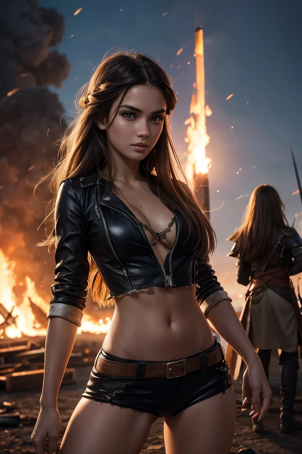(Ultra quality:1.2), (Ultra detailed:1.2), (Ultra detailed clothes:1.2), (Ultra detailed face:1.2), (Ultra detailed eyes:1.2), (Ultra detailed body:1.2), young pirate girls, torn clothes, different hair colors, sword fights, battlefield in the background, fire in the background, night