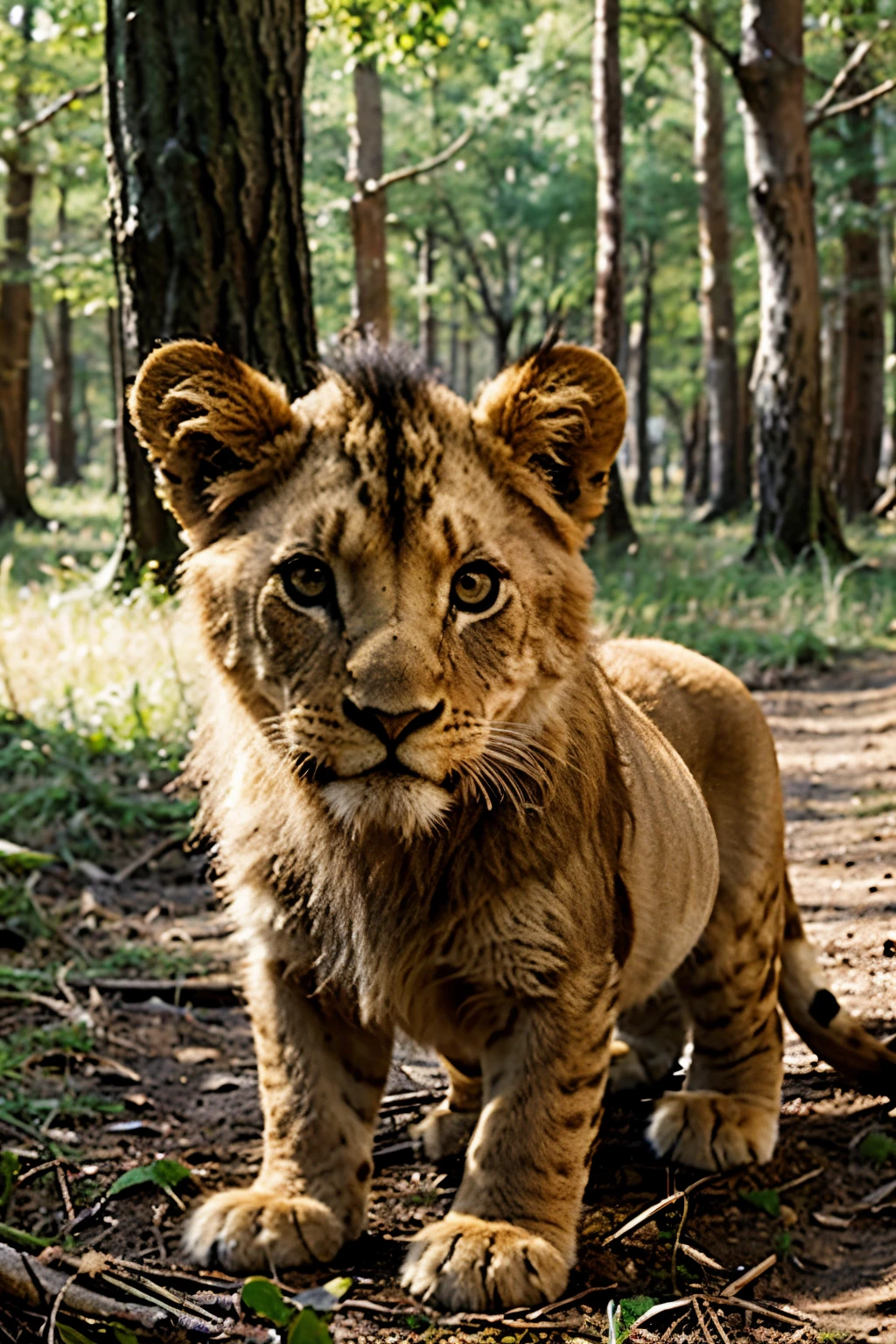 Draw a lion cub in the forest
