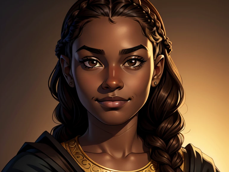 masterpiece, best quality, realistic, 1girl , quiet and charming , 13 year old, a smirk, closed mouth, ((black skin)), round nose, portrait, extremely detailed face, cold and smirk, baby face, ((dark brown eyes)), ((Brown braided hair)), [thick eyebrows], ((peasant)), dim light, engines background