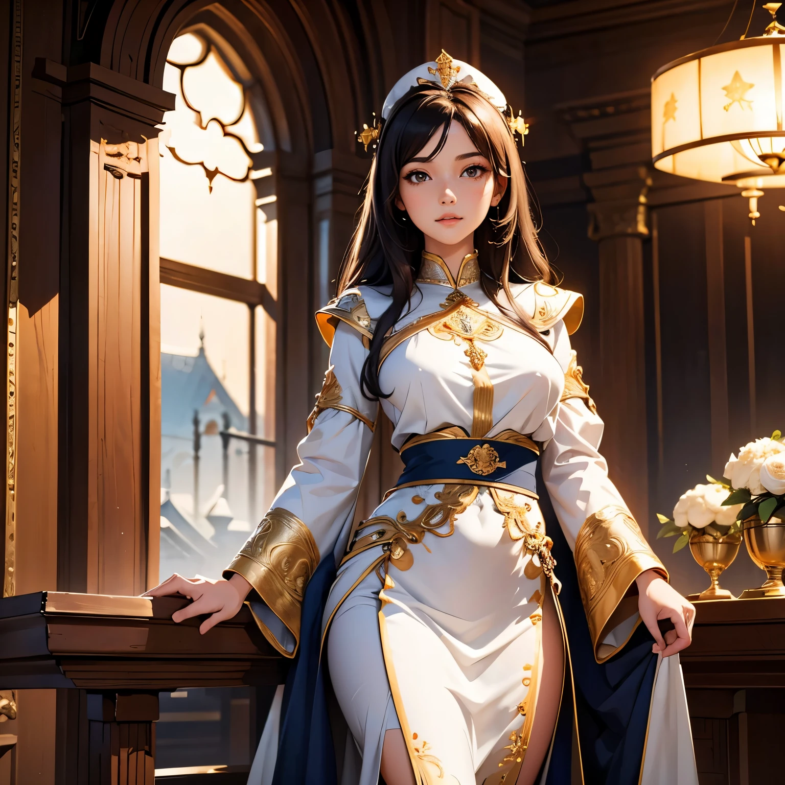 ((masterpiece, highest quality, hires, amazing detail, ultra detailed 1.1)), illustration, trending on artstation, panorama of fantasy city, cute girl stands in foreground, most beautiful in the world, long dark hair, priests robes 