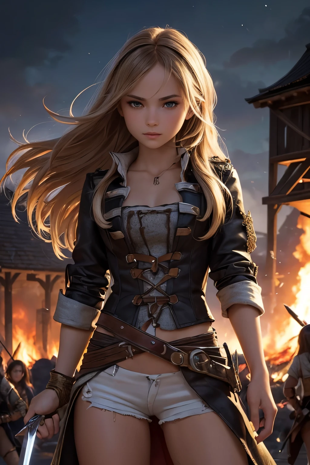 (Ultra quality:1.2), (Ultra detailed:1.2), (Ultra detailed clothes:1.2), (Ultra detailed face:1.2), (Ultra detailed eyes:1.2), (Ultra detailed body:1.2), young pirate girls, torn clothes, different hair colors, sword fights, battlefield in the background, fire in the background, night