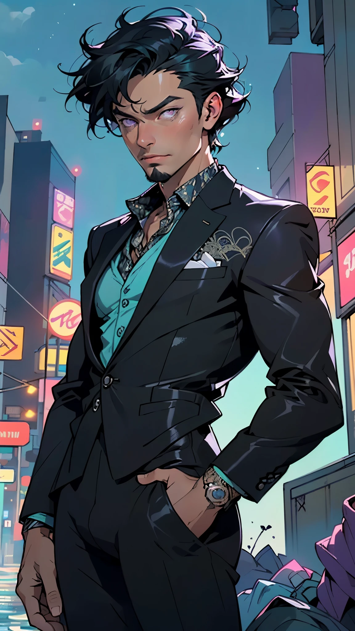 man:1.5,1 man,businessman man,(((1man))),((man with black short hair)),
(((1male,man:1.5,handsome man,male,male gender:1.5,male focus))),macho man,hero,
((messy hair,black short haircut,detailed black hair,highly detailed hair,black hair,colored inner hair)),(((lustrous skin:1.5,tanned skin,bright skin: 1.5,skin tanned,shiny skin,very shiny skin,shiny body,illuminated skin))),(((purple_eyes:1.2))),intricate eyes,beautiful detailed eyes,symmetrical eyes,((man chest)),handsome face,((muscular)),male jaw,((very short beard)),(((detailed face))),
manly,nsfw,
cyberpunk businessman, ((Business suit:1.5)), futuristic businessman,((bulge in pants)),((bold color suit:1.2)),((wet clothes,intricate outfit,intricate clothes,intricate suit)),
(dynamic pose:1.0),solo focus,((smug)),(centered,scale to fit dimensions,Rule of thirds),
cyberpunk city by the ocean at night, with bright neon signs and dark stormy clouds and puddles, scenery:1.25,nighttime, starry night, cosmos,Very dark night that makes the neon lights stand out, very bright neon lights,nighttime, starry night, cosmos,
artistic photography,(photography taken by sldr),highres, sharp focus,(ultra detailed, extremely detailed), (photorealistic artwork:1.37),(extremely detailed CG unity 8k wallpaper),((synthwave background theme)),(((vibrant colors))),intricate,(intricate background),(masterpiece),(best quality),perfect rendered face,perfect face details,realistic face,photo realistic,analog style,((intricate detail)),(((realism))),
