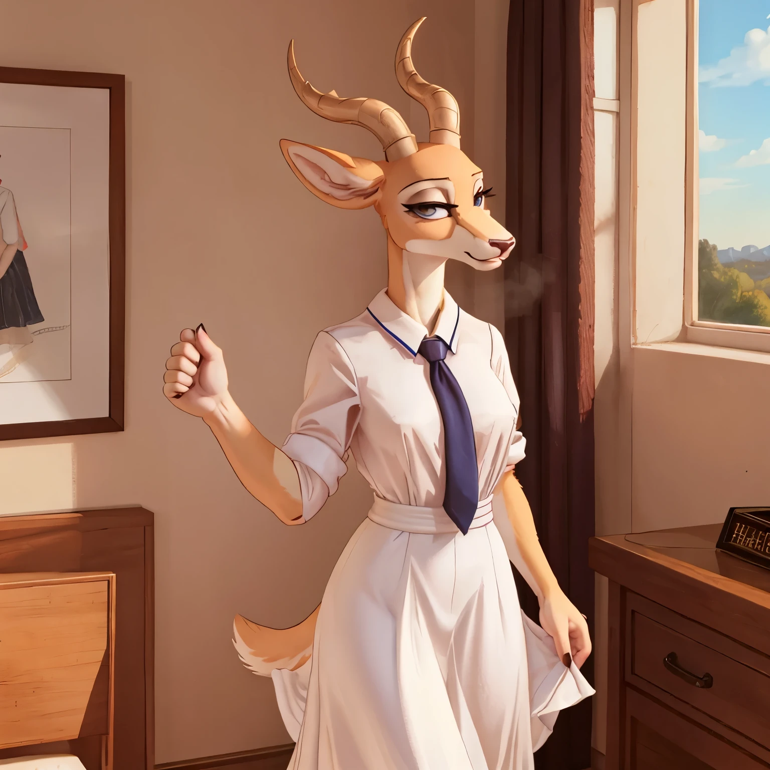 The female white gazelle in the Beastars universe emanates a serene and ethereal beauty. With a slender frame and pristine white fur, she exudes grace and purity. Wearing the Cherryton Academy girl's uniform, she combines sophistication with a gentle and kind vibe. Her movements are fluid and graceful, leaving a lasting impression of her tranquil and compassionate presence in the academy.