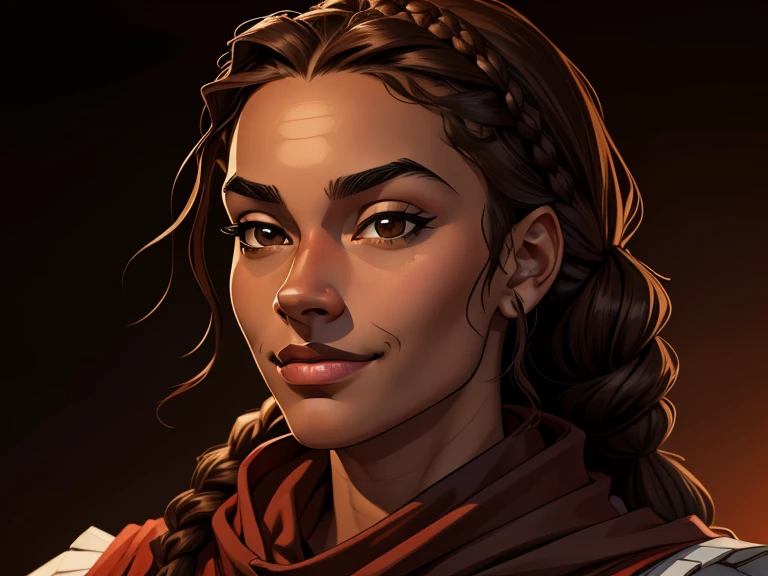 masterpiece, best quality, realistic, 1girl , quiet and charming , , a smirk, closed mouth, ((black skin)), round nose, portrait, extremely detailed face, cold and smirk, Red scarf on neck, ((dark brown eyes)), ((Brown braided hair)), [thick eyebrows], ((peasant)), dim light, engines background