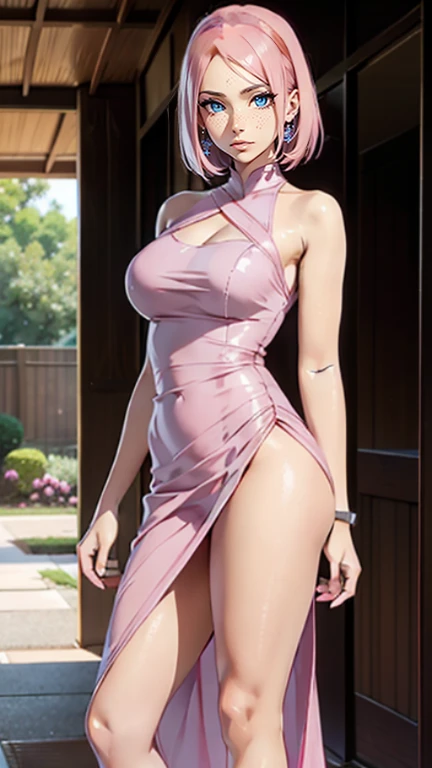 Sakura Haruno,1 rapariga, large breast,Perfect body,a wide waist,Sexy body,light pink colored hair,Green eyes,symetrical face,Sharpness,foco nítido, detailed outfits, orgasm,looking at viewer,pause, blushing, heavy orgasm,leaning towards viewer, detailed face,Deep blue diamond on forehead, thighs, navel, groin,((( orgasm)))((( wearing pink maxi dress)))