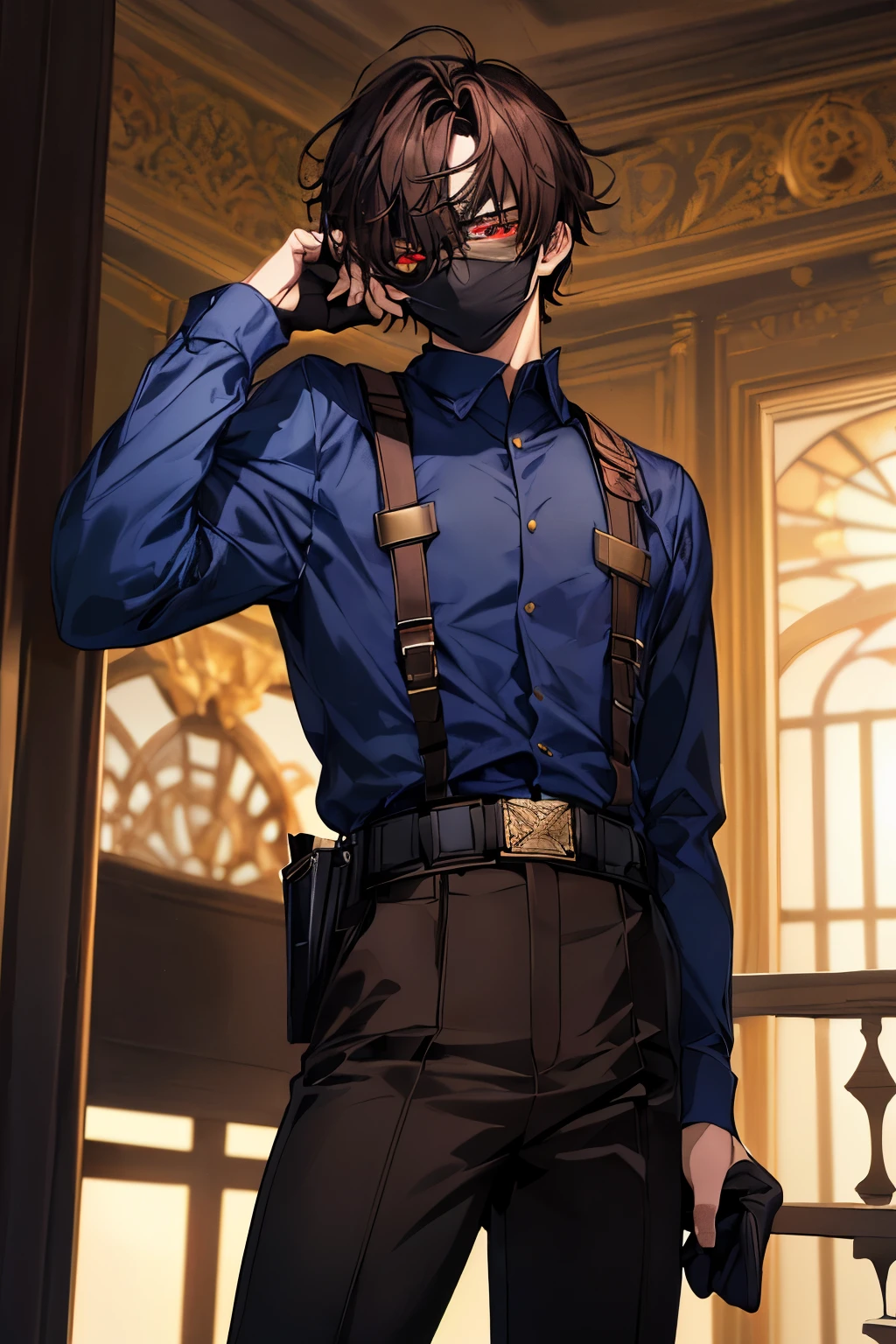 (​masterpiece、top-quality、absurderes)、 18-year-old adult male, Detailed pupil glow, short, twitchy dark brown hair, Long bangs, gold and red eyes, Dark Blue Shirt, black pants, Contre-Jour, large goggles covering his eyes, utility belt