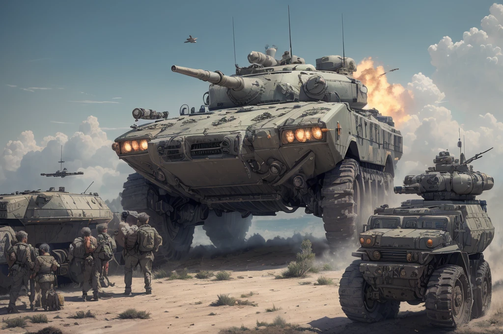 various options for wheeled armored air defense vehicles, A lot of small details, Ultra detail, super photo quality, guns pointing upward, a burning bomber in the background