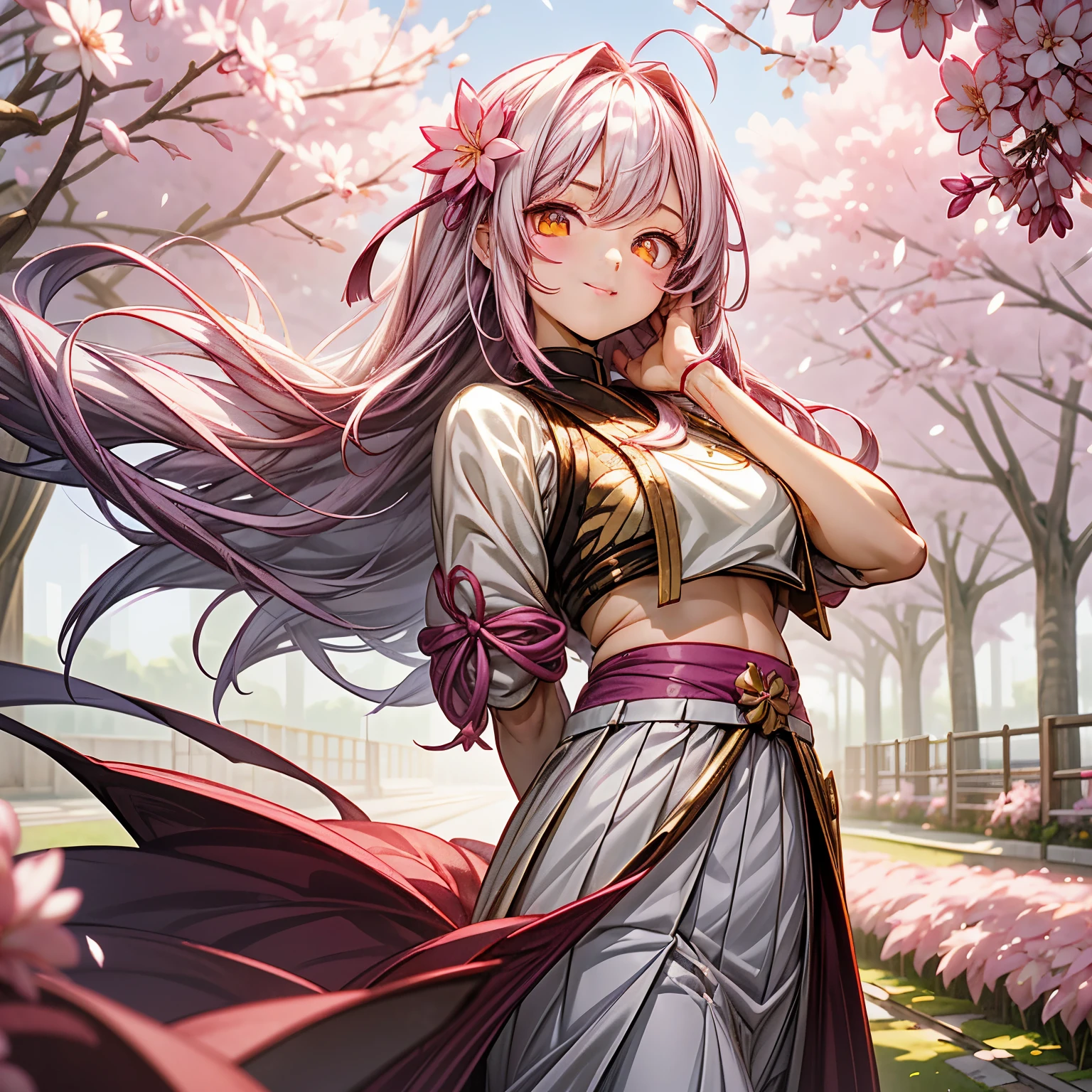 Anime girl, 1 anime girl, dark purple and white hair, golden eyes, golden pupils, glowing eyes, thick hair, blown by the wind, crop top, skirt, blush, sakura flowers garden, Edo era, sunlight, sun, sakura garden landscape, white skin, pink and white outfit, beautiful, happy pose, Hands behind