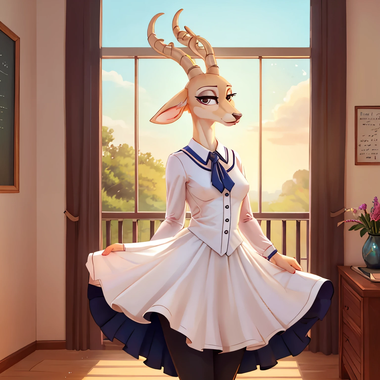 The female white gazelle in the Beastars universe emanates a serene and ethereal beauty. With a slender frame and pristine white fur, she exudes grace and purity. Wearing the Cherryton Academy girl's uniform, she combines sophistication with a gentle and kind vibe. Her movements are fluid and graceful, leaving a lasting impression of her tranquil and compassionate presence in the academy.