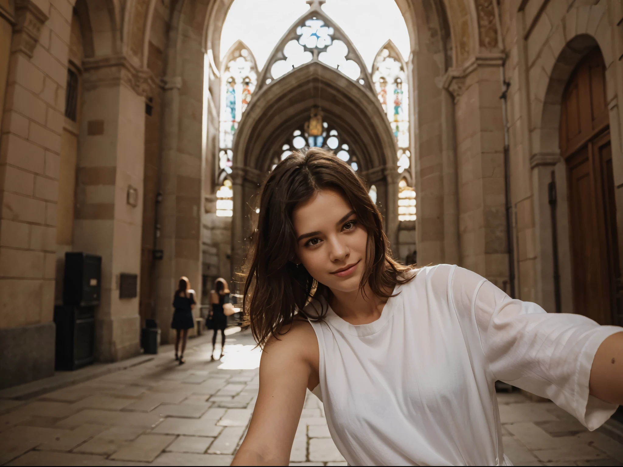 A woman with medium hair just below her shoulder expressive eyes she is happy taking a selfie in front of a church on a sunny day