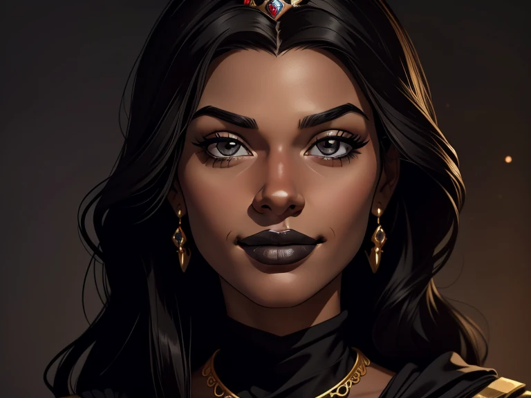 masterpiece, best quality, realistic, 1girl , quiet and charming , 23 year old, a smirk, closed mouth, ((black skin)), round nose, portrait, extremely detailed face, cold and smirk, Jewelry neck, ((gray eyes)), ((Black hair)), [thick eyebrows], ((princess)), dim light, engines background