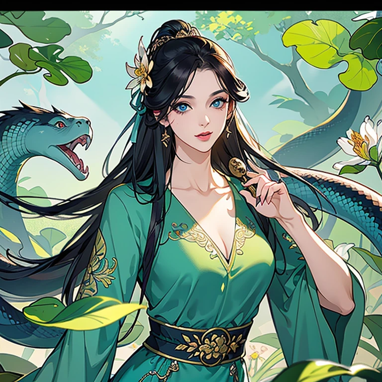 (best quality), ((masterpiece)), (highres), illustration, original, extremely detailed,licg,1girl, black hair, snake, holding animal, hair ornament, looking at viewer, solo, blood, chinese clothes, upper body, long hair, animal, holding, blue eyes, green dress, flower, long sleeves, tattoo, eyelashes, lily pad, makeup, dress