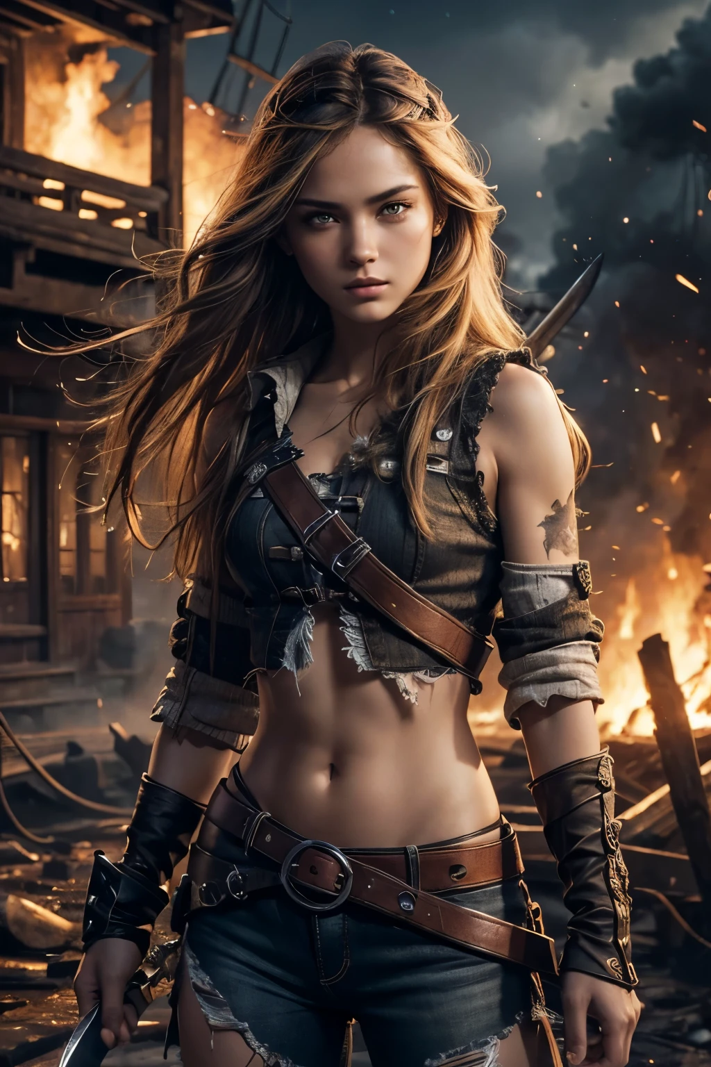 (Ultra quality:1.2), (Ultra detailed:1.2), (Ultra detailed clothes:1.2), (Ultra detailed face:1.2), (Ultra detailed eyes:1.2), (Ultra detailed body:1.2), young pirate girls, torn clothes, different hair colors, sword fights, battlefield in the background, fire in the background, night