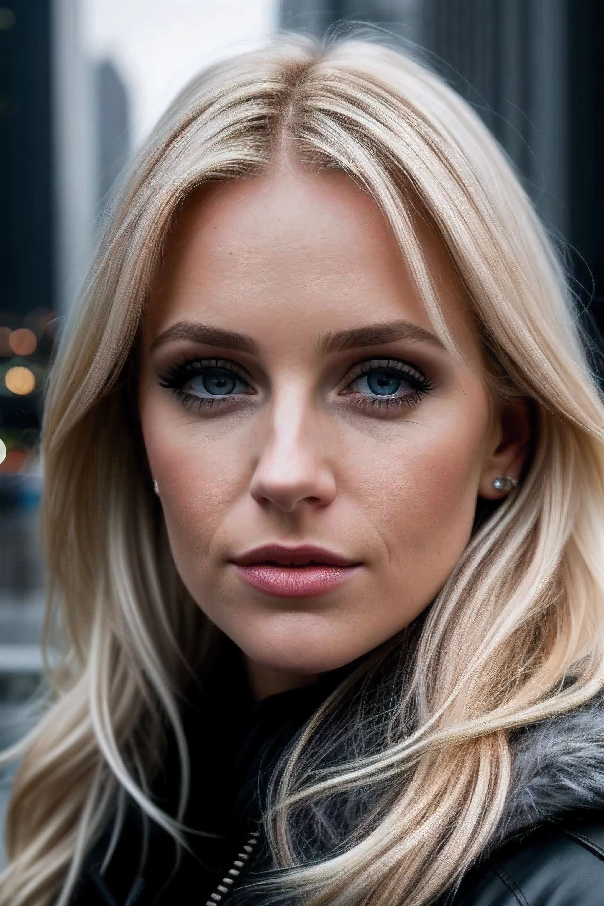 dark and gloomy, 8k, a close up photo of a blonde female with new york city behind her, lifelike texture, dynamic composition, Fujifilm XT2, 85mm F1.2, 1/80 shutter speed, (bokeh), high contrast