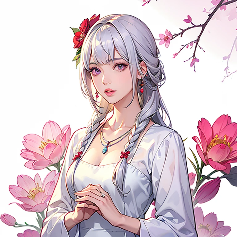 (best quality), ((masterpiece)), (highres), illustration, original, extremely detailed,licg,1girl, hair ornament, solo, flower, hair flower, jewelry, necklace, long hair, white hair, upper body, parted lips, own hands together, dress, looking at viewer, bangs, purple eyes, braid, pink flower, realistic, long sleeves, white dress, pink eyes, lips, collarbone