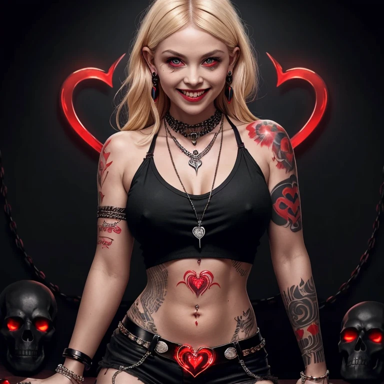 A blonde woman, smiling, grinning, red shirt black heart on it, tattoos, black earrings of skulls, waist tattoo, leg tattoos, black shorts, necklace of heart, bracelets of iron chunks, cute, attractive, bright cherry red glowing demonic eyes