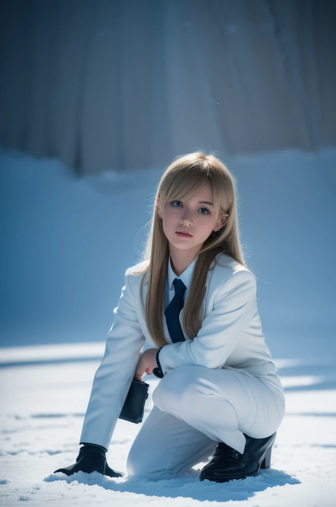 Squat on one knee，((Masterpiece:1.2, Best quality)),Movie,offcial art,promotional art,movie wallpapers,（A blonde girl is in ）, （White suit dress，Double-breasted style，Pleated skirt hem）,Uniform cover， Exposing thighs,185cm. Shot in the snow in cinematic style,  The color temperature is cool，Slightly bluish tint, Convey a feeling of indifference and tension. The lighting is dramatic，There are harsh shadows and highlights, . Shot with a Sony A7R IV camera，The aperture is f/2.8, ISO 1600, a shutter speed of 1/200th of a second. UHD dtm HDR 8k.