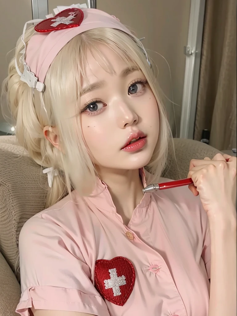 Blonde haired girl wearing a nurse hat and a red heart patch on her shirt., retrato realista kawaii, shikami, chica anime en la vida real, nurse girl, Anime Girl Cosplay, ulzzang, sakimichan, pale milky white porcelain skin, sakimi-chan, pale korean adorable face, Hyper realistic , obra de arte al estilo de guweiz
