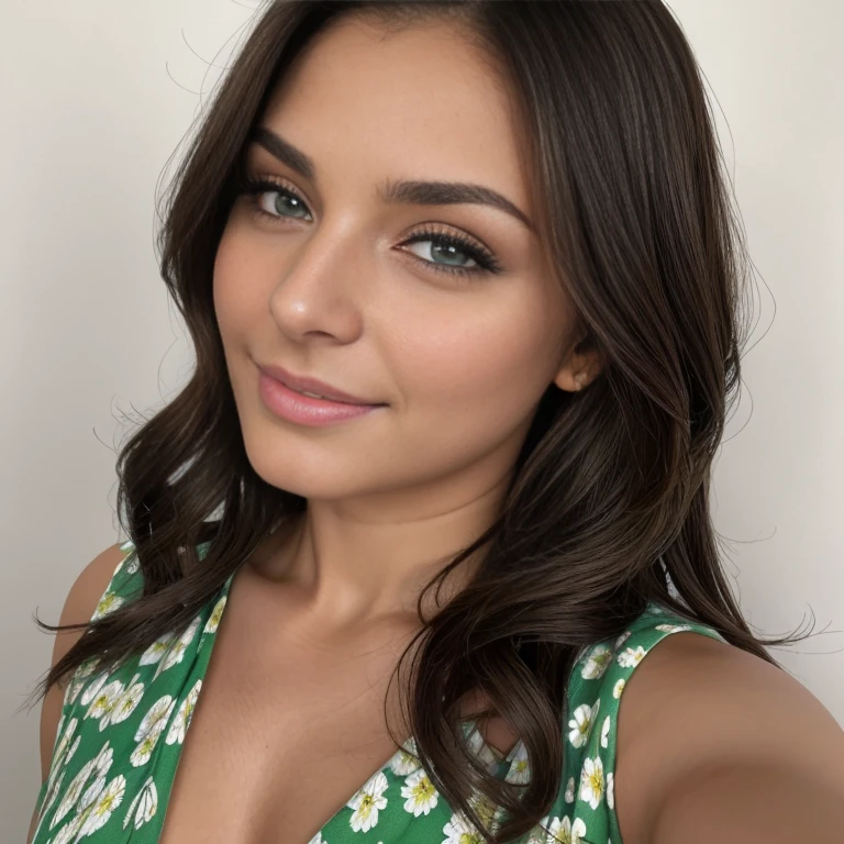 Very Lindo brunette with striking Recursos do espanhol latino, cabelo preto comprido, Recursos do espanhol latino, olhos verdes grandes e brilhantes, Lindo, Ela tem 33 anos (( meia idade)) taking a selfie in a light floral dress in summer in Spain, flawless beauty, beleza natural (( olhos verdes perfect)) (( naturalmente linda)) close de uma mulher 