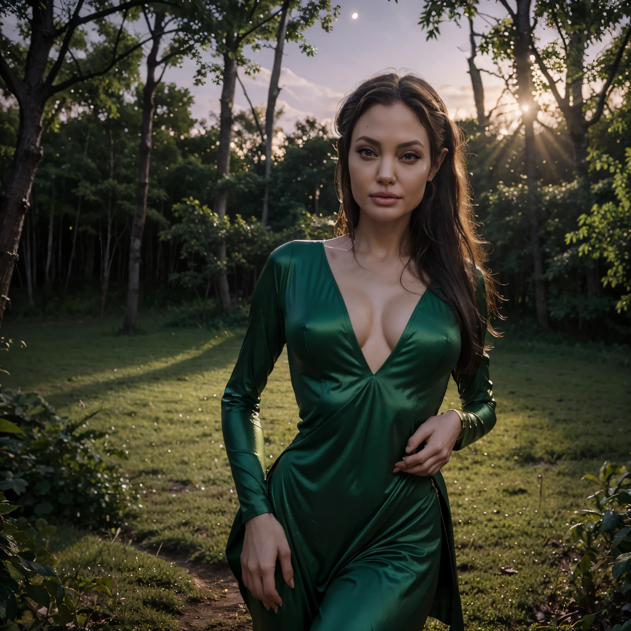 (ultra-detailed,highres:1.2),Angelina Jolie as an elf in a green combat suit,with exquisite beauty, pointy elf ears, under the soft moonlight in the enchanted forest. Surrounding her are mythical beasts with wet fur, casting a silhouette of a camel with a magical touch. The purple twilight sky adds an ethereal ambiance to the scene, enhanced by the gentle glow of the moo(focus on eyes), green eyes