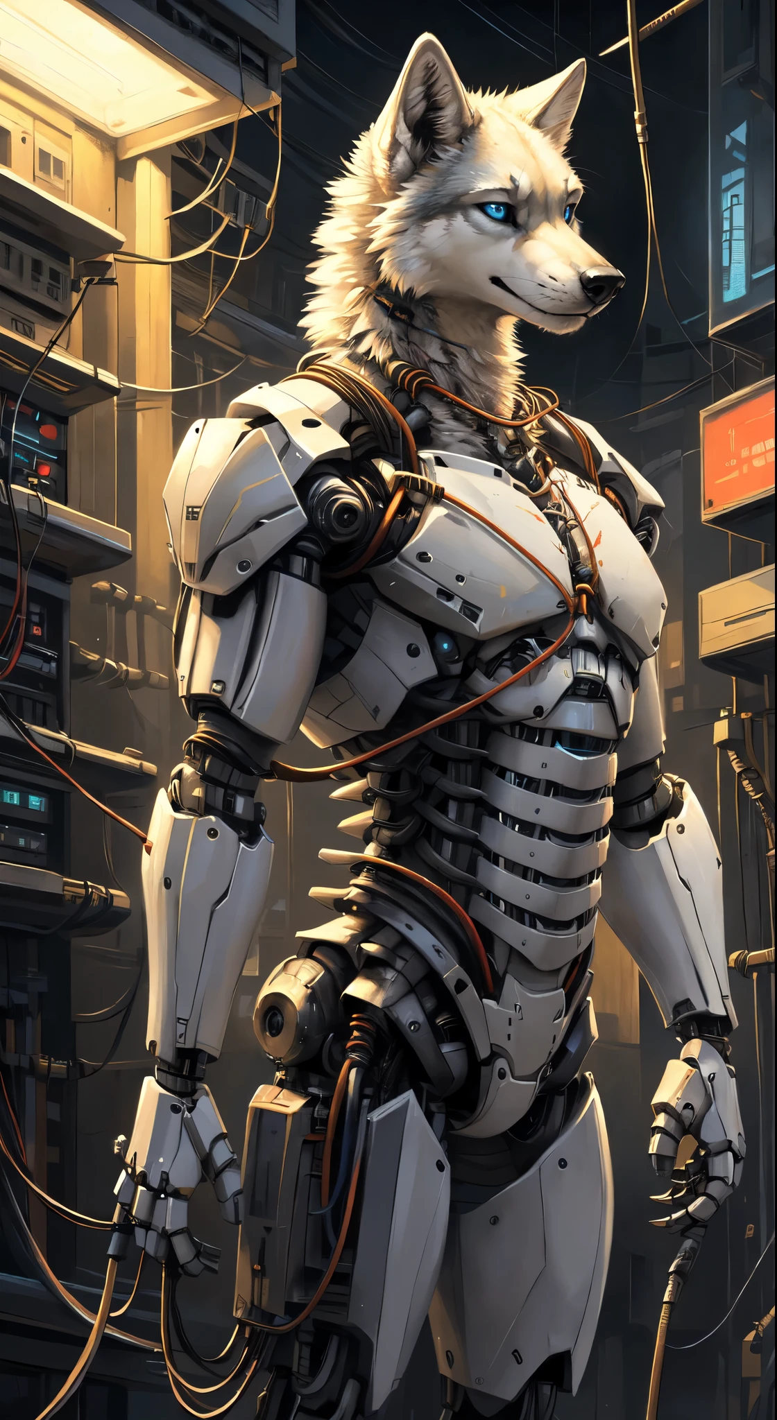 (((masterpiece)))、((top-quality))、(The ultra-detailliert)、8K、(Very noble and beautiful))、Cinematic Light、((1 Mechanical anthropomorphic white wolf girl))、Looking here、White ceramic body、luminescent android blue eyes, black sclera、big tits、The cleavage is visible、Single、(Mechanical joint:1.4)、((Mechanical limb))、(Blood vessels attached to tubes)、((Mechanical spine attached to the back))、((Mechanical cervical vertebrae attached to neck))、(Wires and cables attached to the head and body:1.5)、 neon details、科幻小说、full body shot, The background is Cyberpunk City、by kenket, by meesh, realistic, close up, portrait, hand on face