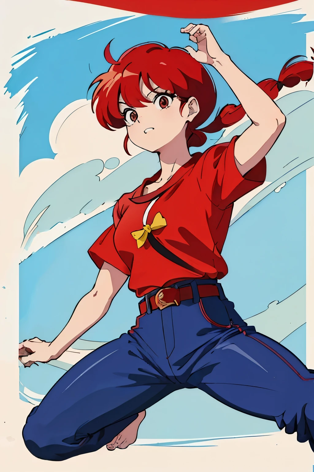 (8k, Foto RAW, La mejor calidad, Obra maestra:1.2), Ranma Chan, Ranma Red Shirt, red hair, braided belt, blue pants, martial art
