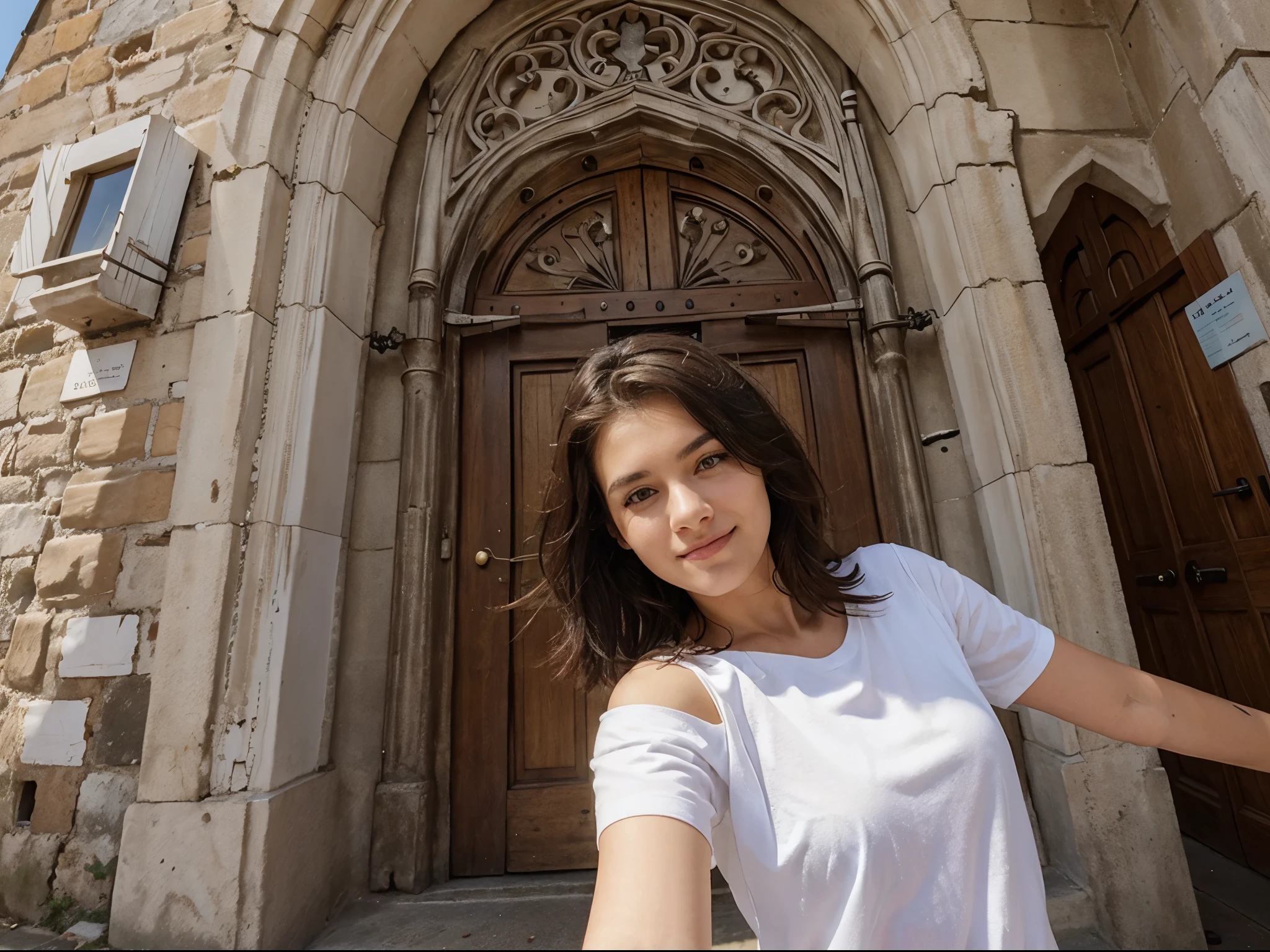A woman with medium hair just below her shoulder expressive eyes she is happy taking a selfie in front of a church on a sunny day