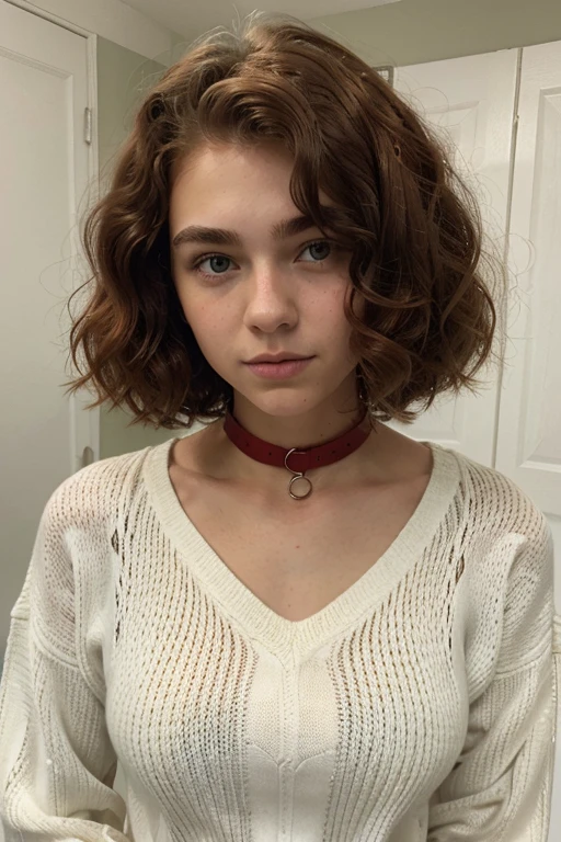 a boy of approximately . red, curly hair, green eyes, thick eyebrows.
White knit shirt dress with collar in a soft color that matches the hair color.