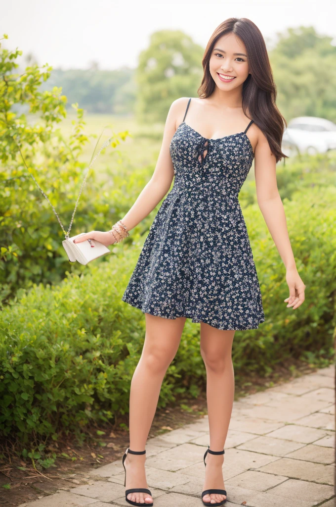 Dslr photo, (8k, 4k, masterpiece),beautiful pretty filipina asian woman, curvy, smiling, laughing, sunny, summer, bright, (girly), (feminine), outdoors, park, spaghetti strap pink floral sun dress, dress with open sides, low cut, summer dress, long dark hair in ponytail, bracelets, blurry background, (hands on hips:1.2), (elbows out), high heels, cute, full subject in frame, full body view, holding purse, front view,