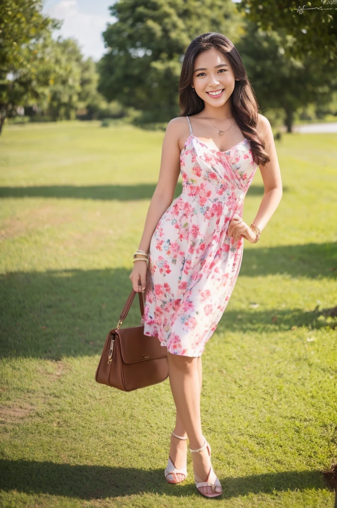 Dslr photo, (8k, 4k, masterpiece),beautiful pretty filipina asian woman, curvy, smiling, laughing, sunny, summer, bright, (girly), (feminine), outdoors, park, spaghetti strap pink floral sun dress, dress with open sides, low cut, summer dress, long dark hair in ponytail, bracelets, blurry background, (hands on hips:1.2), (elbows out), high heels, cute, full subject in frame, full body view, holding purse, front view,