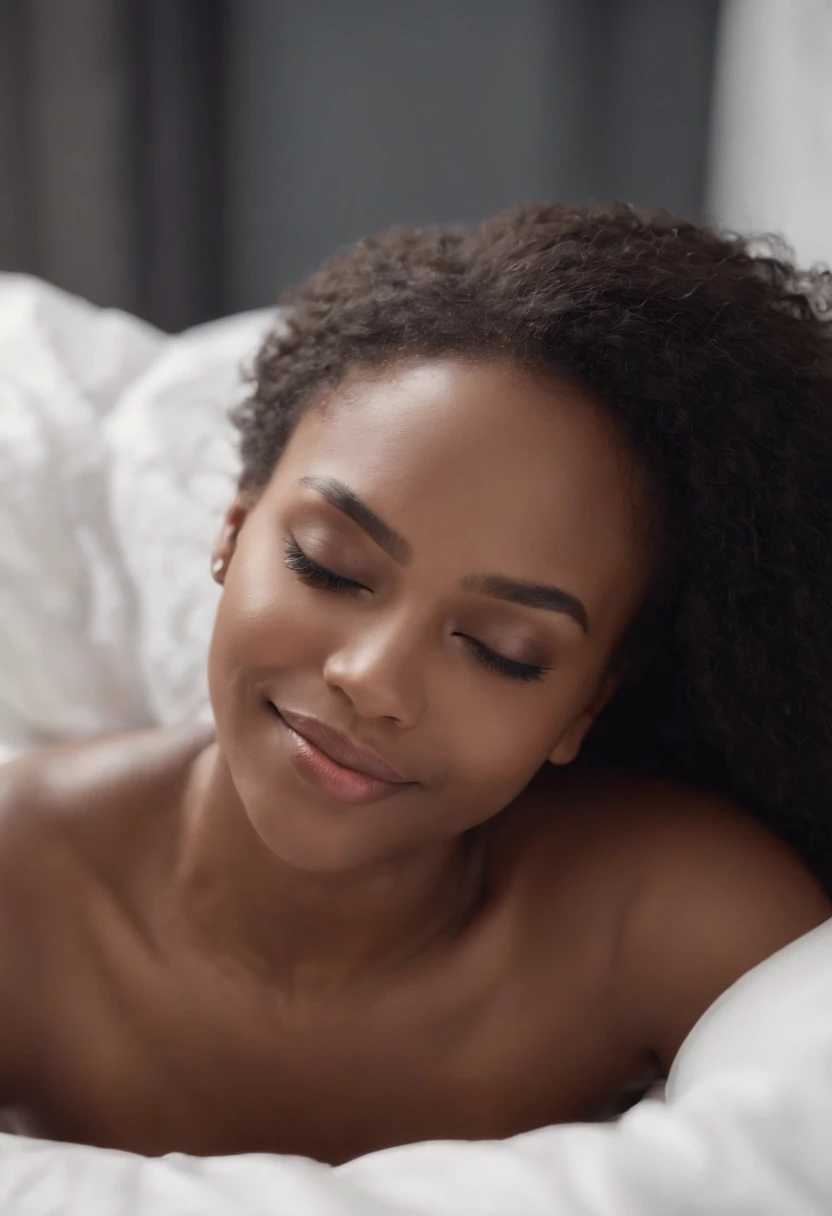 Ultra realistic image of a beautiful black woman with her eyes closed, smiling, naked, lying in bed, having sex with a man. 4k