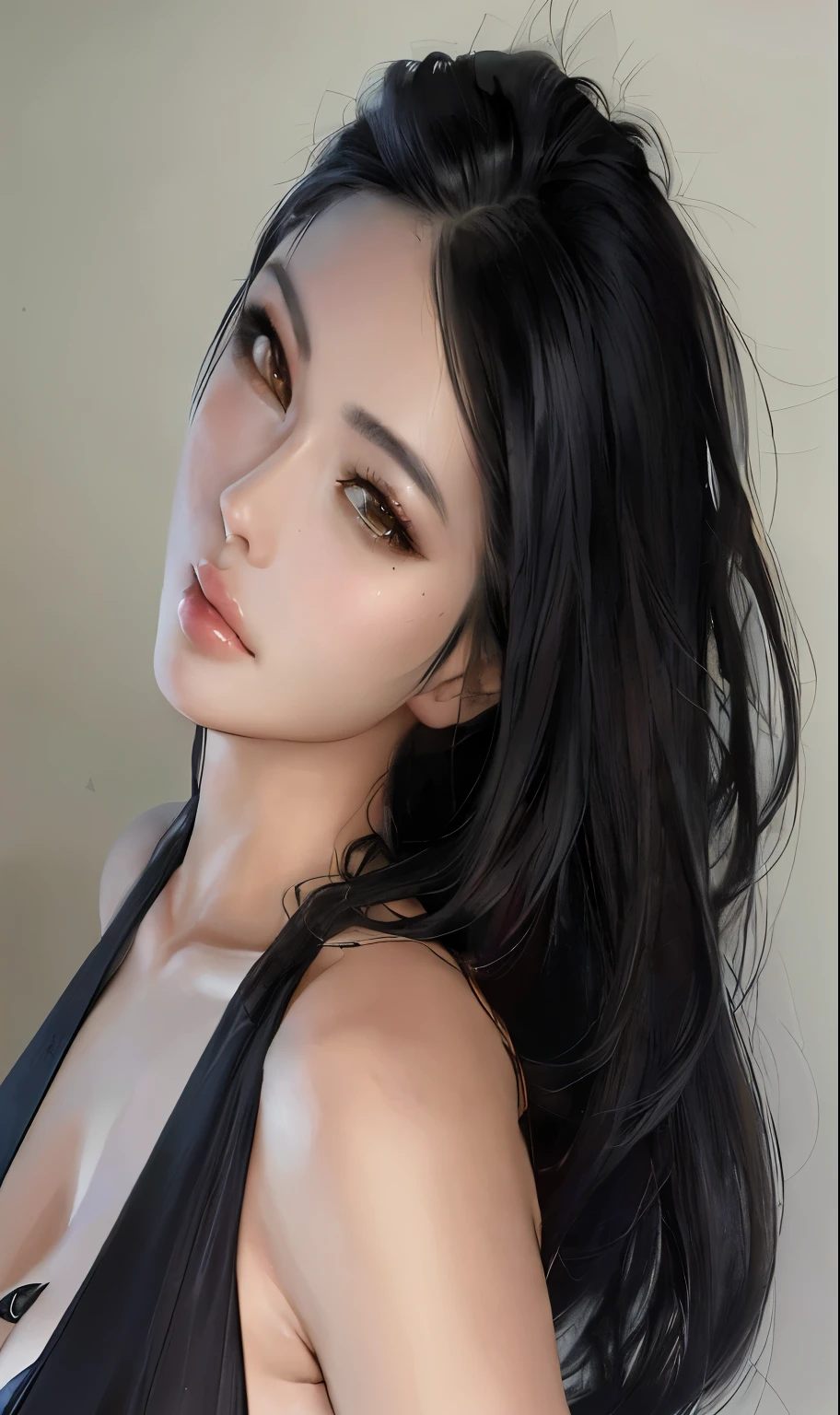 um close up de uma mulher com longos cabelos pretos usando topless, Modelo IG | artegerm, cabelo preto e olhos grandes, cindy avelino, beautiful asian girl, cabelo e maquiagem escuros, Cabelos pretos naturais extra-escuros, garota persa de pele clara, Natasha Tan Maciej Kuciara, cabelos pretos e olhos castanhos, beautiful naked asian woman, Imagem bonita, completamente nua