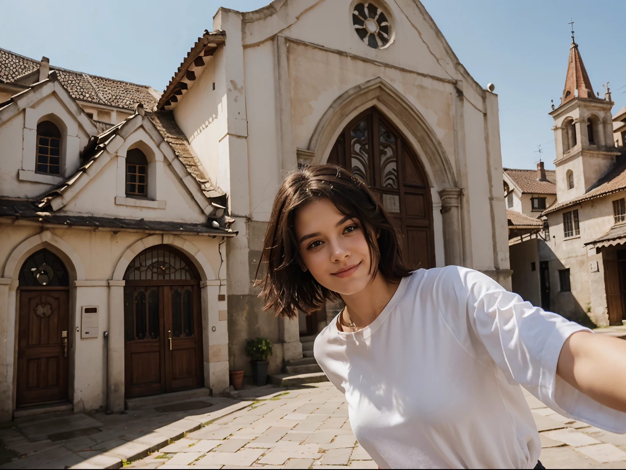 A woman with medium hair just below her shoulder expressive eyes she is happy taking a selfie in front of a church on a sunny day 