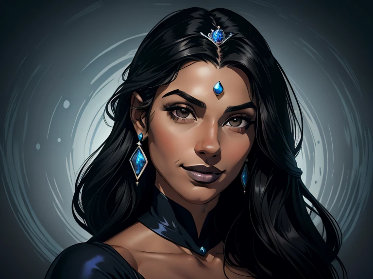 masterpiece, best quality, realistic, 1girl , quiet and charming , 23 year old, a smirk, closed mouth, ((black skin)), round nose, portrait, extremely detailed face, cold and smirk, Jewelry neck, ((gray eyes)), ((Black long hair)), [thick eyebrows], ((princess)), blue royal dress, dim light, water background