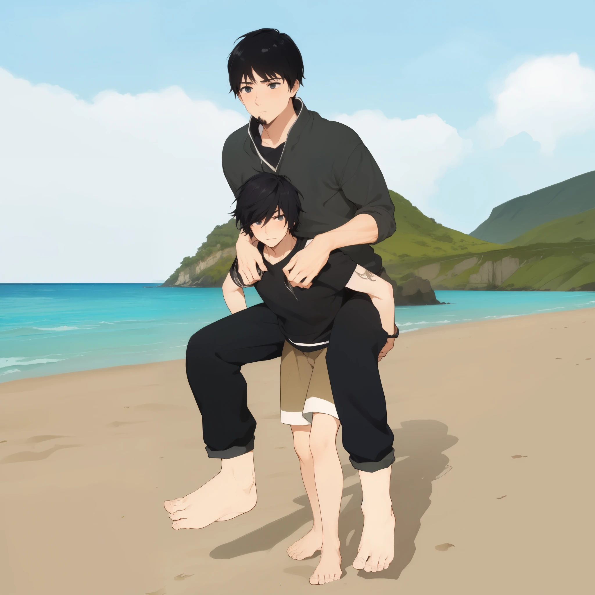 ((cinematic, masterpiece, best quality)) piggyback ride, emo male, size difference, beach, barefeet, 