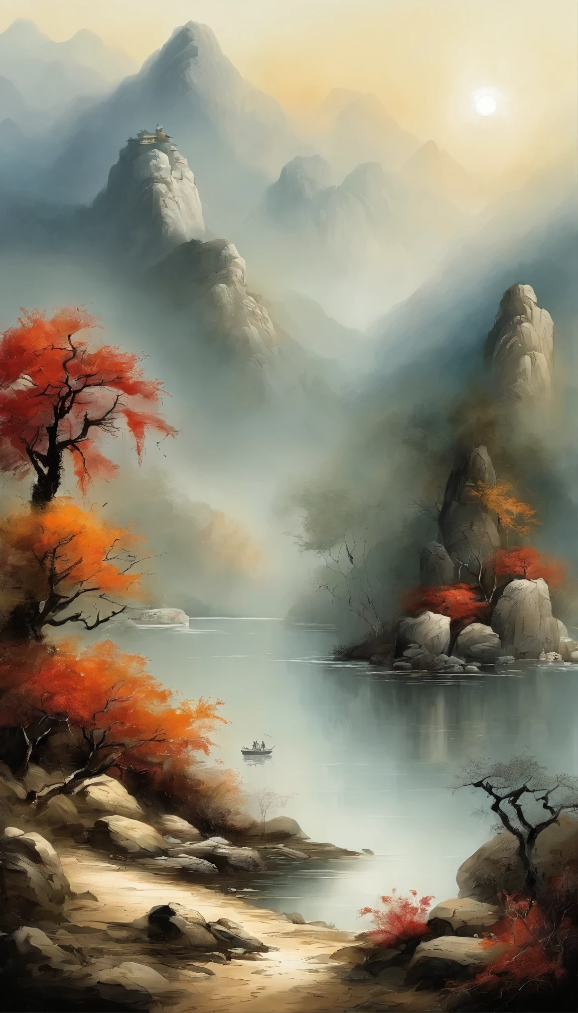 Chinese landscape painting,ink and watercolor painting,water ink,ink,Smudge,Faraway view,Ultra-wide viewing angle,Meticulous,water ink,Smudge,Meticulous,Smudge,low-saturation,Low contrast,The light boat has crossed the Ten Thousand Heavy Mountains,Beautifully depicted,A detailed,acurate,Works of masters,tmasterpiece