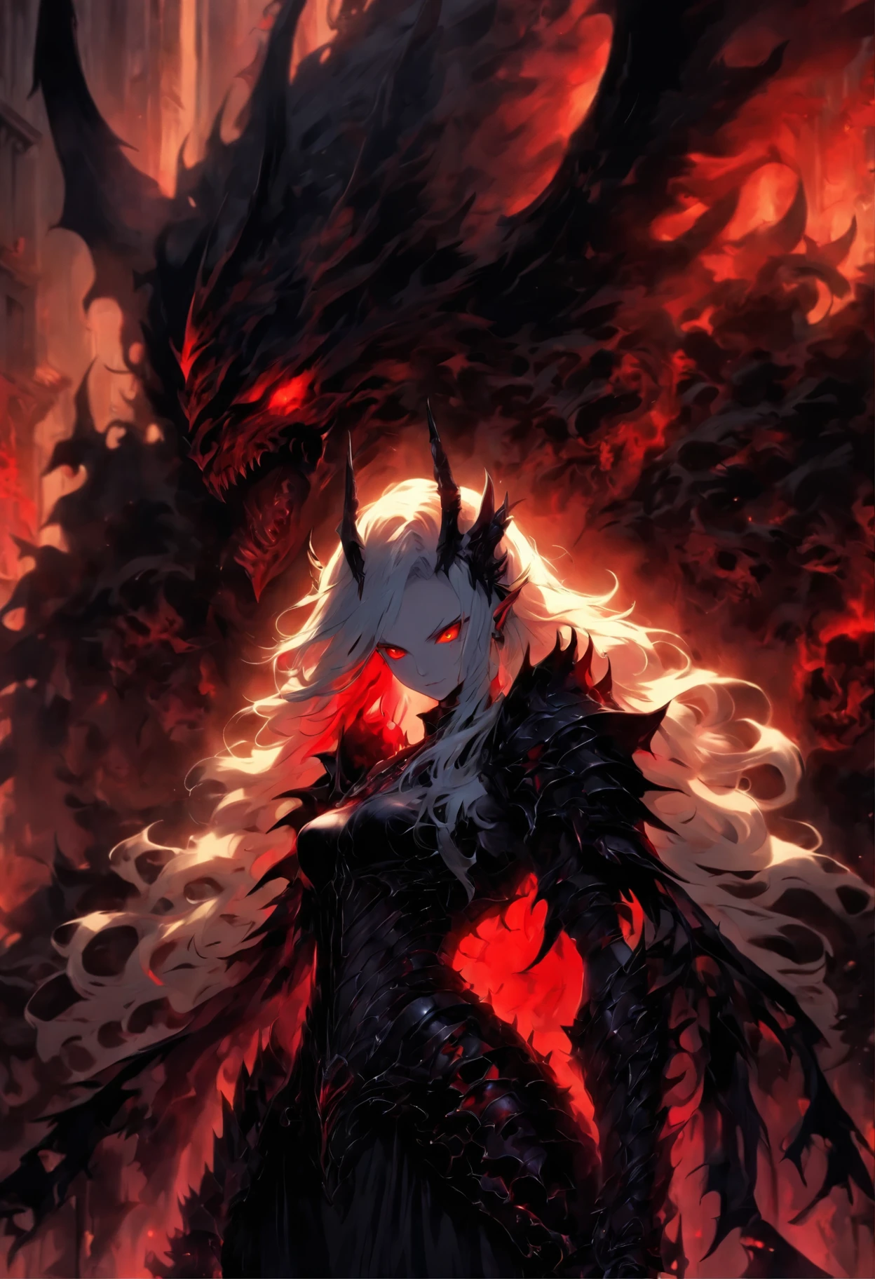 The most beautiful and sexy demon goddess, long white hair, glowing red eyes, wearing detailed black gothic battle armor, black angel wings, tattoos and piercings, gothic castle, perfect masterpiece, high quality, high resolution