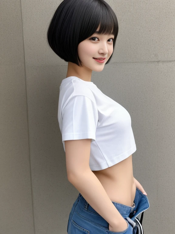 top-quality,masterpiece,Raw photography,8K,Top image quality,hight resolution, 18 years old Japanese female idol ,Beautuful Women,cute Japanese girls, Pretty Woman ,Beautiful face in every detail, aegyo sal ,small head,  smile ,Realistic human skin, pale skin ,cut model , Short hair ,bowl cut ,skinny body ,Sweat, t-shirts,rib ,(low rise pants,from side, put one's hand inside one's clothes ), navel focus, arched back,