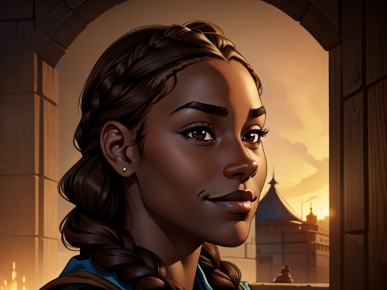 masterpiece, best quality, realistic, 1girl , quiet and charming , 13 year old, a smirk, closed mouth, ((black skin)), round nose, portrait, extremely detailed face, cold and smirk, baby face, ((dark brown eyes)), ((Brown braided hair)), [thick eyebrows], ((peasant)), dim light, engines background
