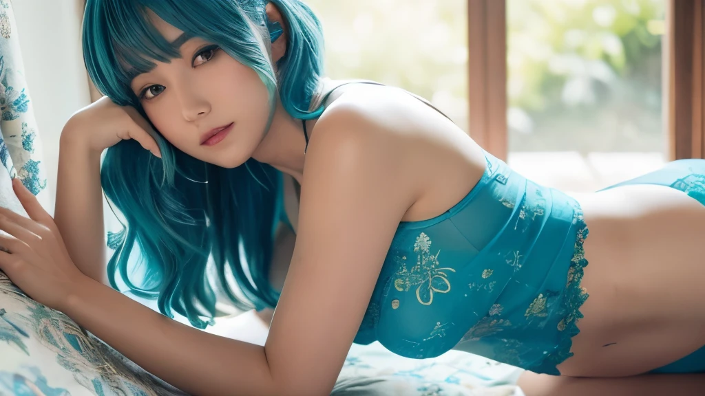 {{masterpiece}}, {{highest quality}}, {{Super detailed}}, cinematic lighting,beautiful delicate shine, dynamic angle, Depth of bounds written, light_leak, wonderful, fine details, 4k, 8K, japanese idol, blue hair, blue underwear, Elegant model, sky, floral field, green meadow, serene look, curl hair, slender body, sexy, photo album, cat eyes,