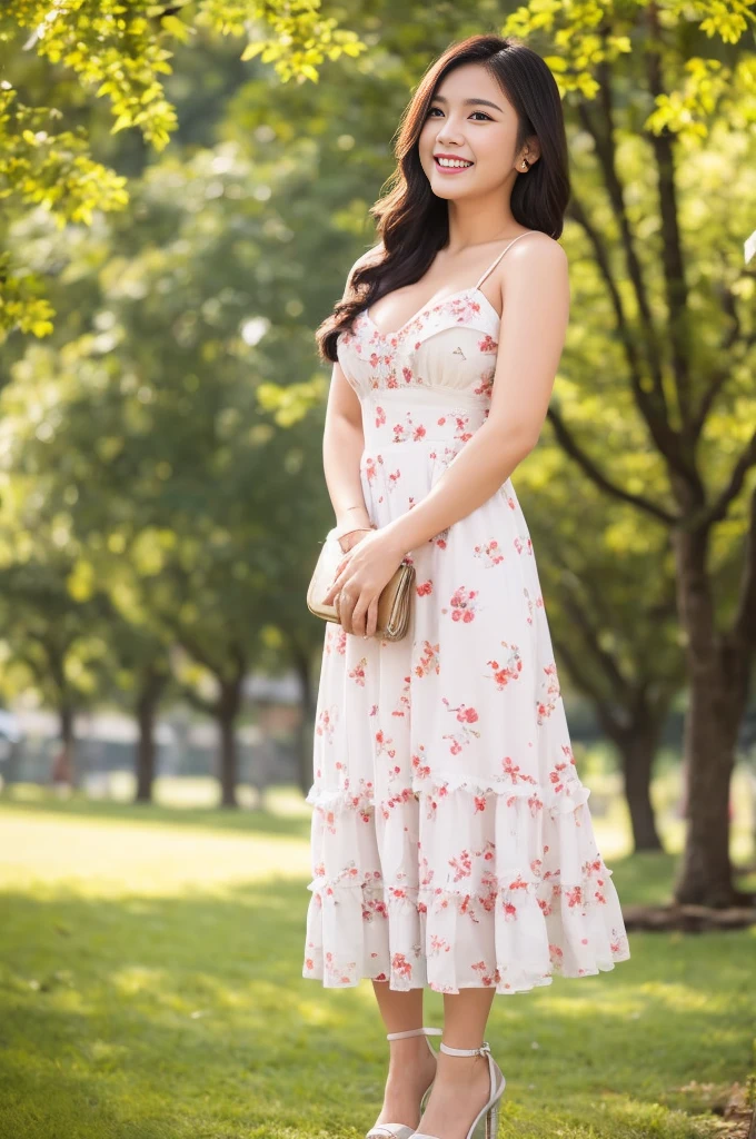 Dslr photo, (8k, 4k, masterpiece),beautiful pretty filipina asian woman, curvy, smiling, laughing, sunny, summer, bright, (girly), (feminine), outdoors, park, spaghetti strap pink floral sun dress, dress with open sides, low cut, summer dress, long dark hair in ponytail, bracelets, blurry background, (hands on hips:1.2), (elbows out), high heels, cute, full subject in frame, full body view, holding purse, front view, bare shoulders, cleavage