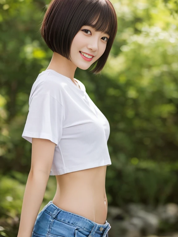top-quality,masterpiece,Raw photography,8K,Top image quality,hight resolution, 18 years old Japanese female idol ,Beautuful Women,cute Japanese girls, Pretty Woman ,Beautiful face in every detail, aegyo sal ,small head, seductive smile ,Realistic human skin, pale skin ,cut model , Short hair ,bowl cut ,skinny body ,Sweat, t-shirts,rib ,(low rise pants,from side, put one's hand inside one's clothes ), navel focus, arched back,